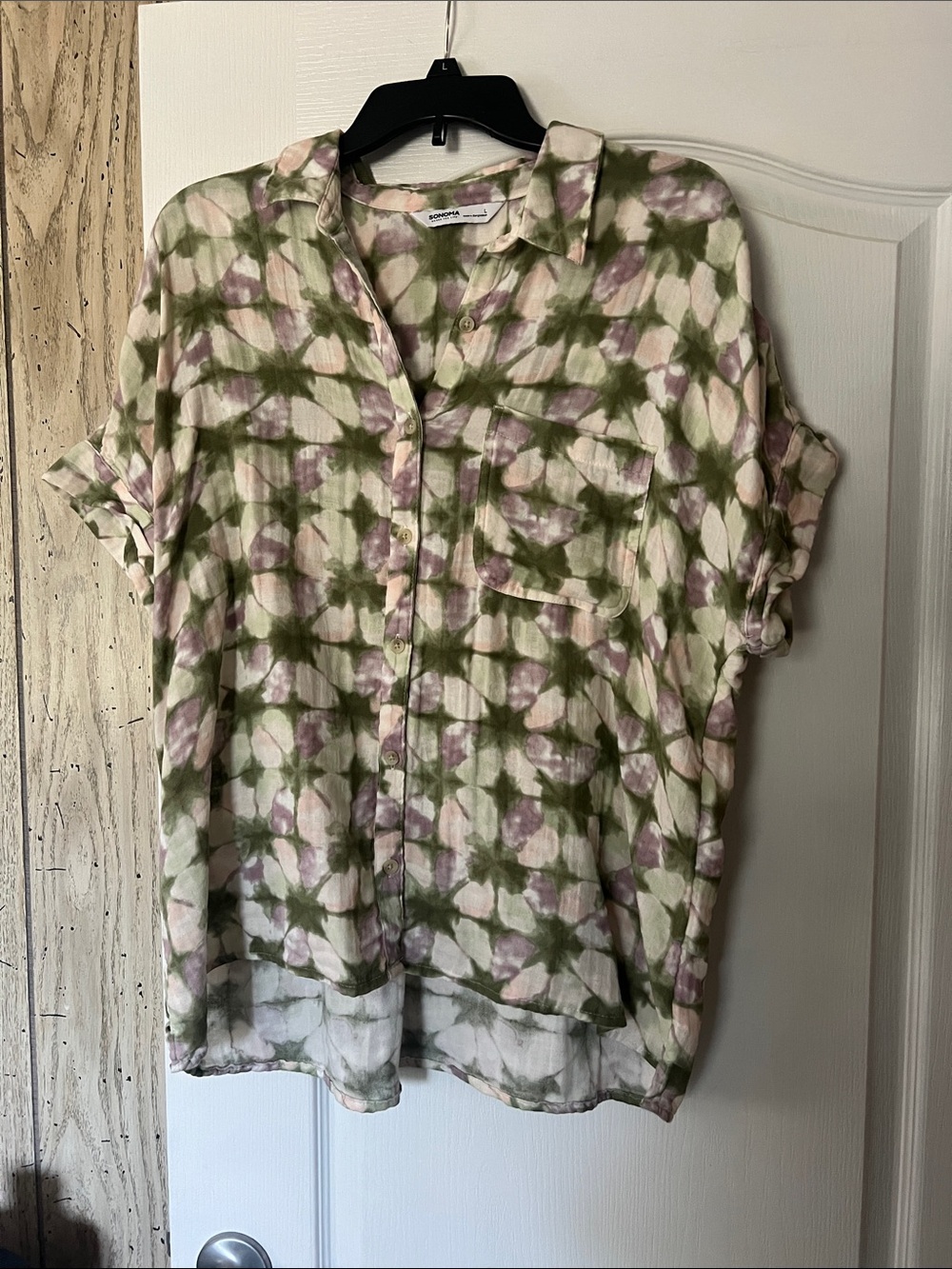 Sonoma Olive Green and Light Pink Tie-Dye Button-Up Blouse